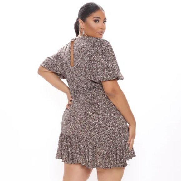 NWT Fashion Nova Dottie Printed Mini Dress - Brown/White combo, Size: 1X - Picture 2 of 10